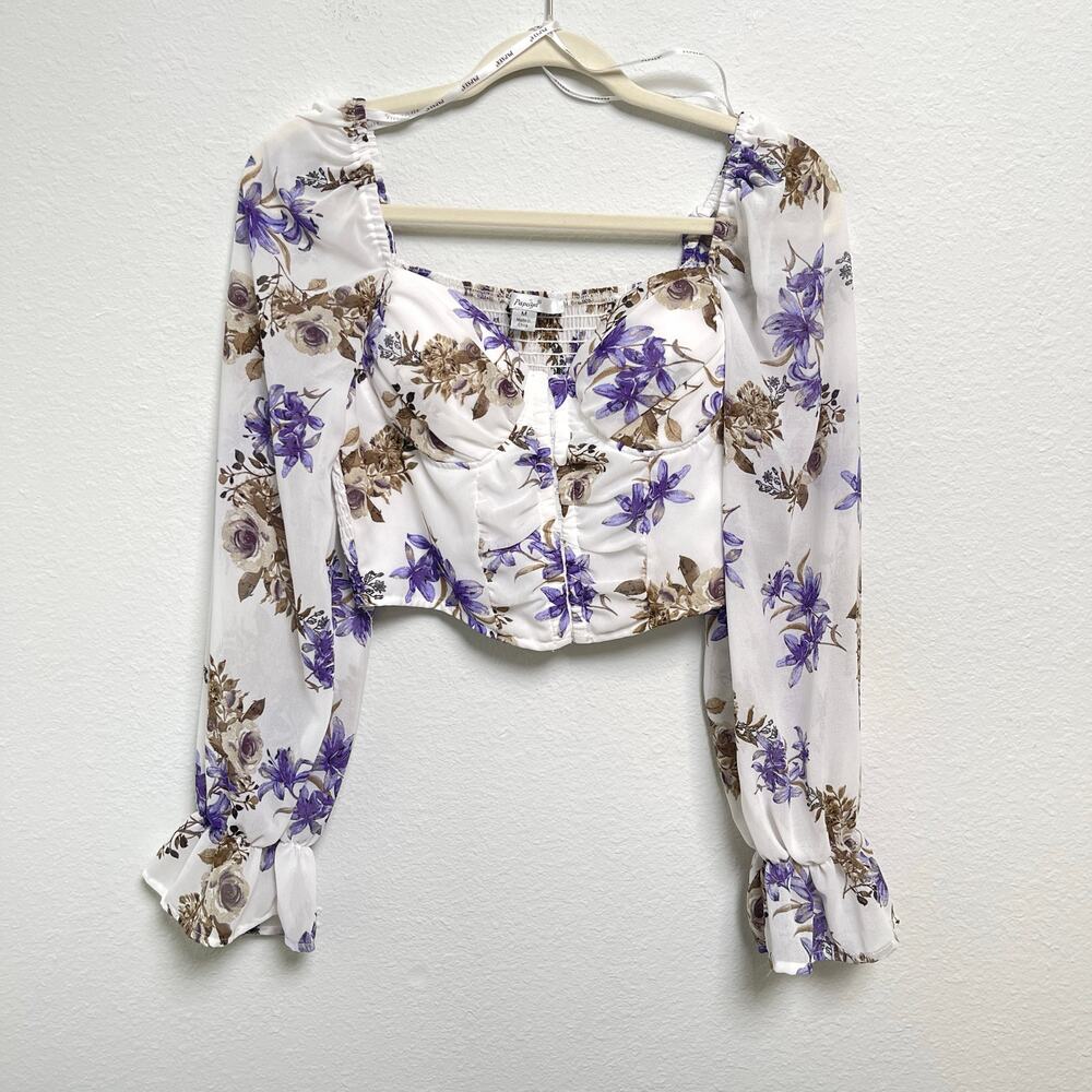 Papaya Floral Corset Crop Top Medium White Purple Puff Sleeve Bustier Blouse